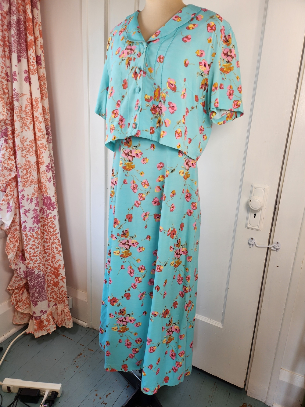 Vintage Cherry Blossom Aqua Jacket Maxi Dress